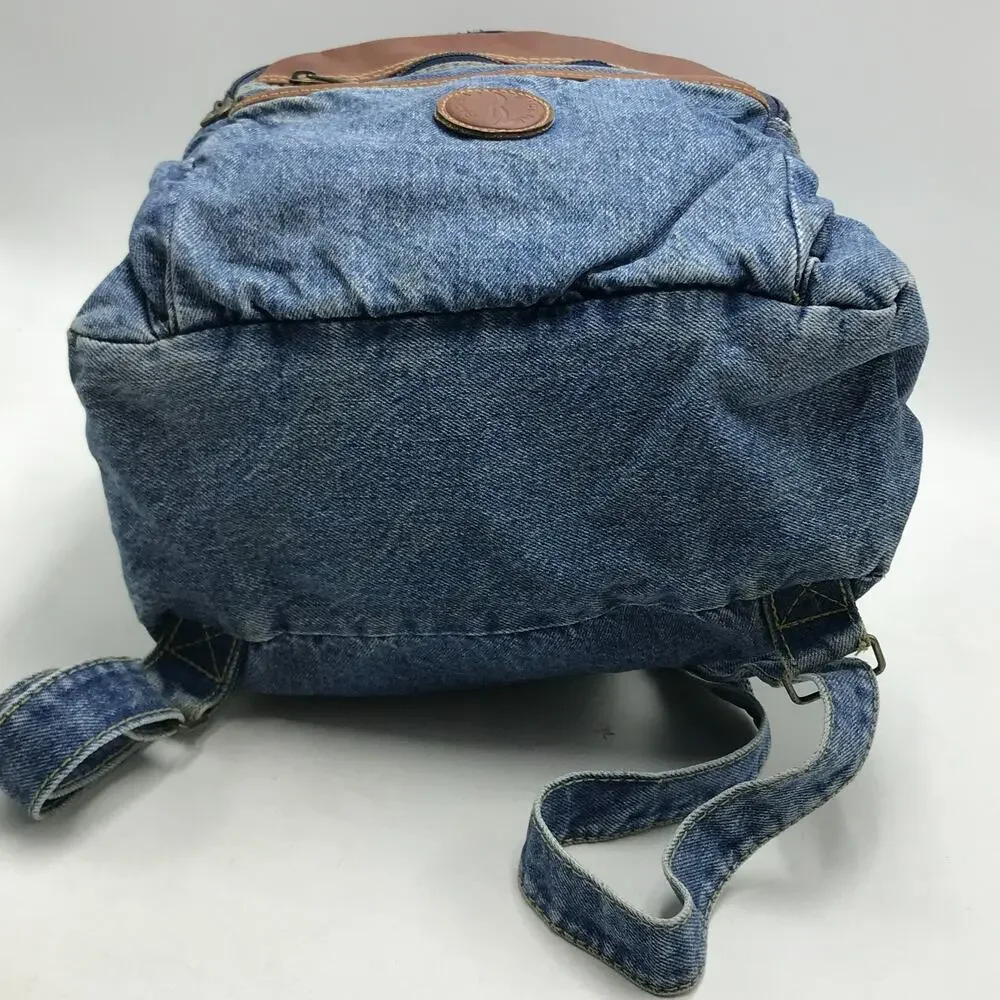Vintage Riders Blue Jean Denim Backpack Leather Accents Utility Book Bag 90s